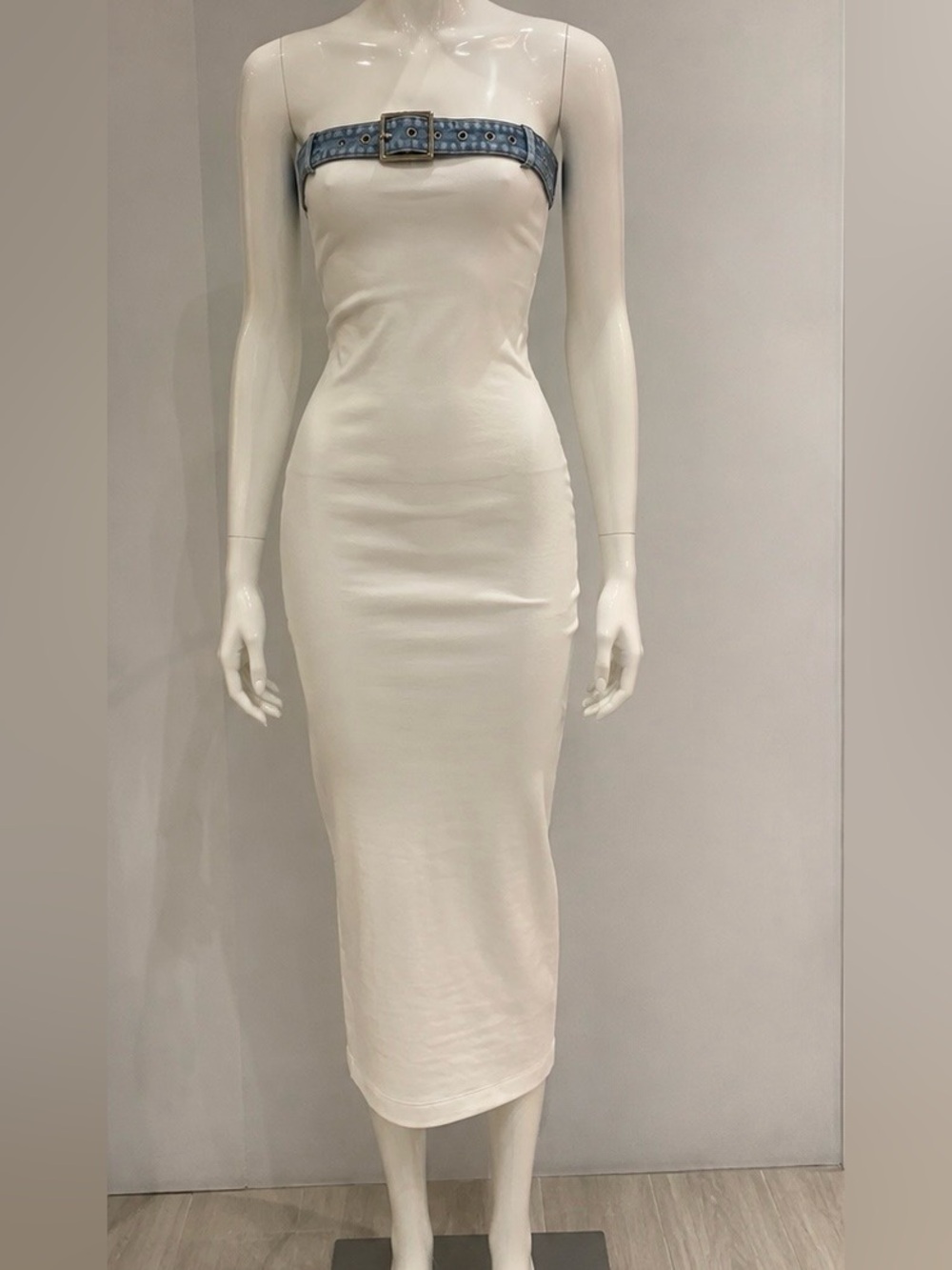 LU♥NYC White Strapless Bodycon Midi Dress L